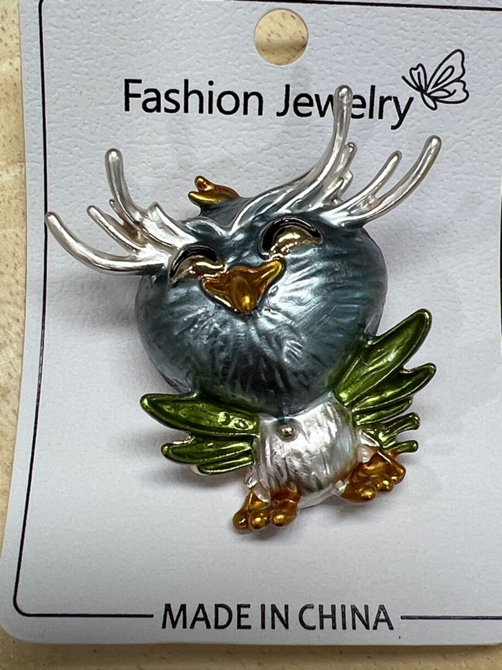 3/$18 Fashion Jewelry Green & Silver Owl Brooch - Unbranded Lot 7021